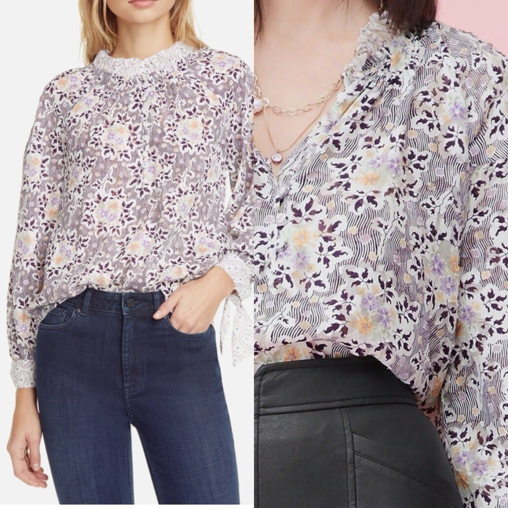 Rebecca Taylor Belle Bouquet Silk Blend Top in Snow Combo NWT $375 Retail‎